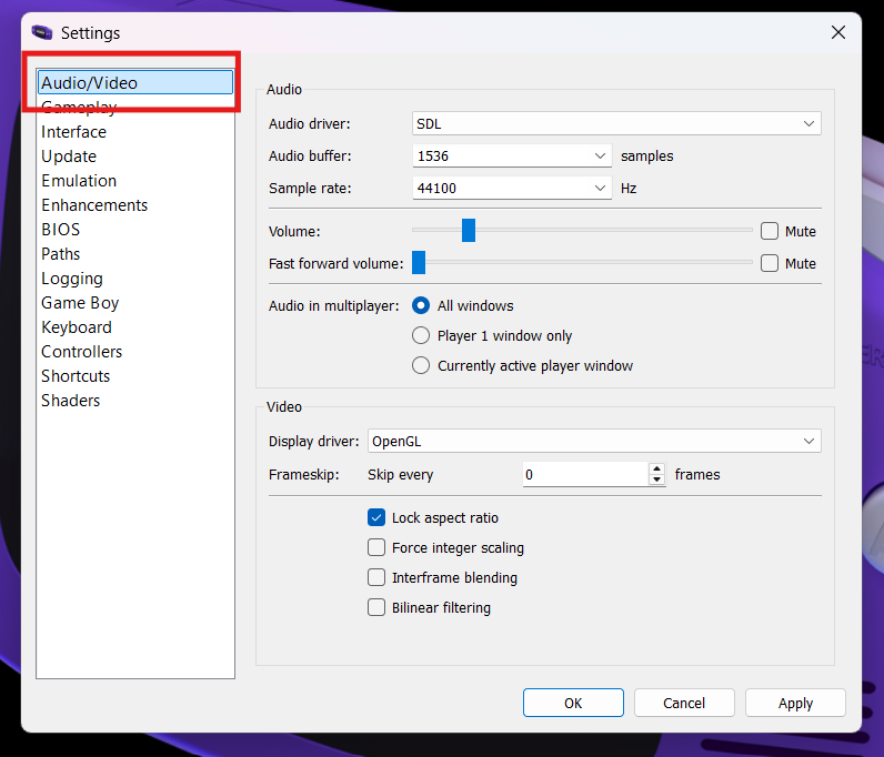 mGBA audio/video settings