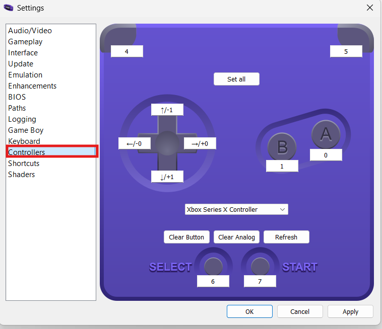 Controller settings