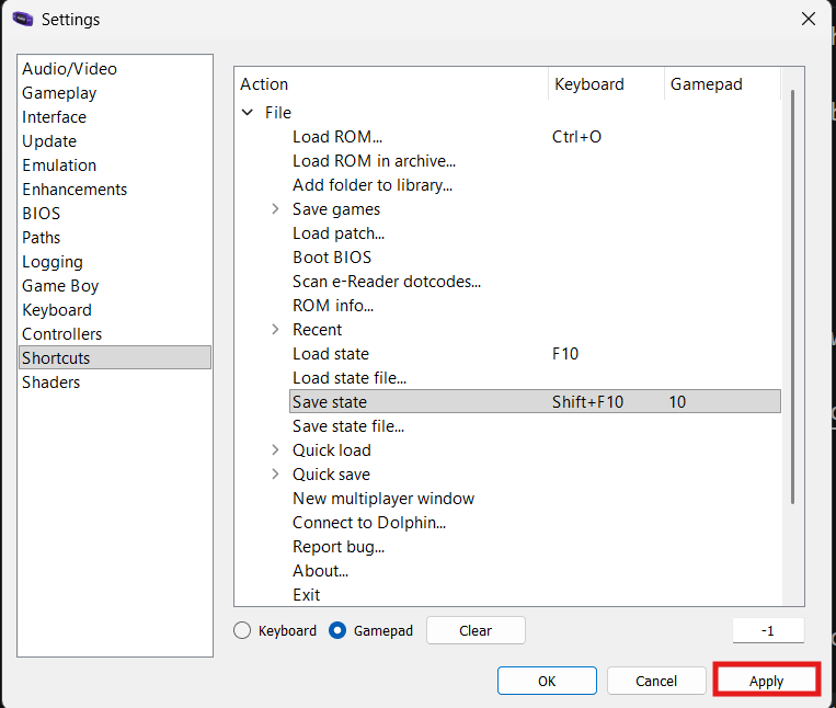 Apply settings