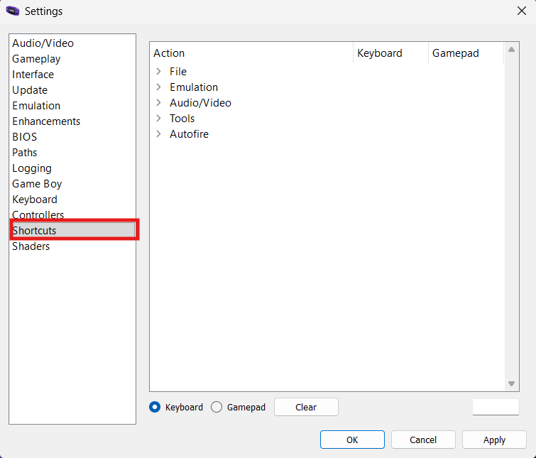 Shortcut settings