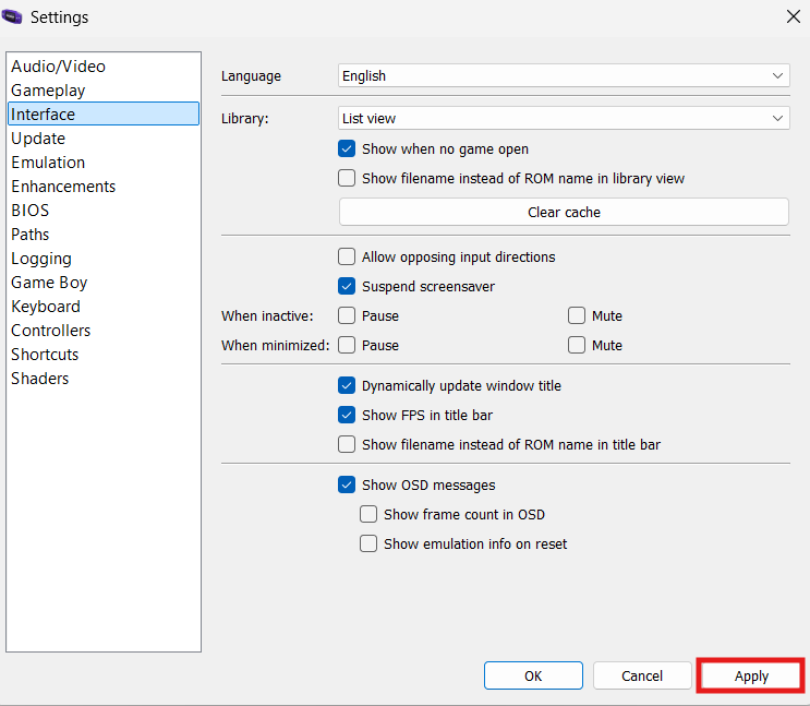 Apply settings