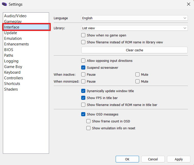 Interface settings